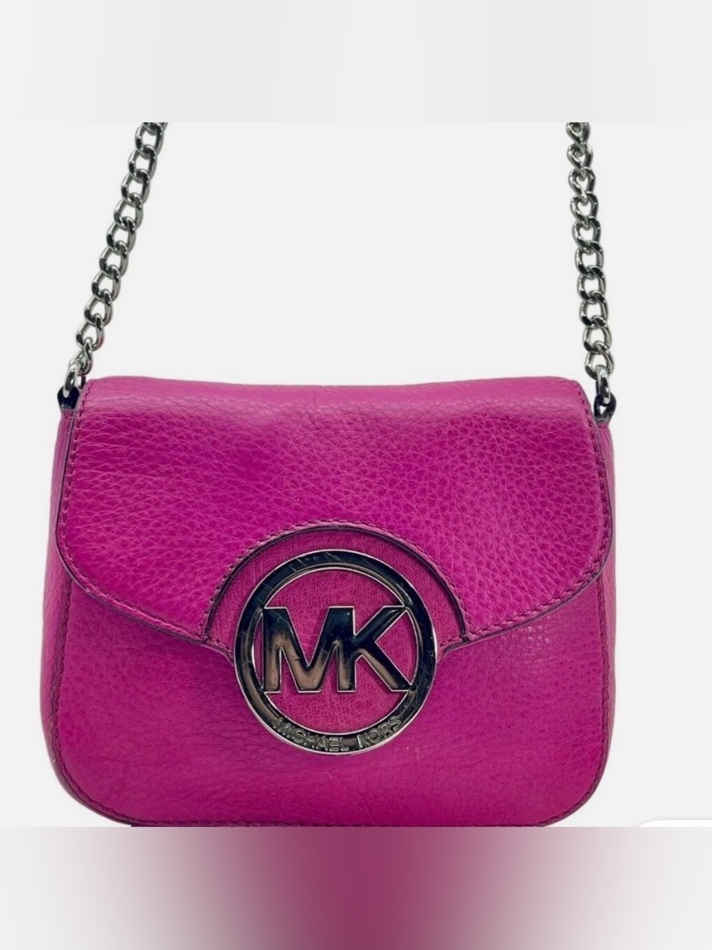 MICHAEL KORS FULTON Leather Crossbody Bag Handbag Chain Strap in RASPBERRY
